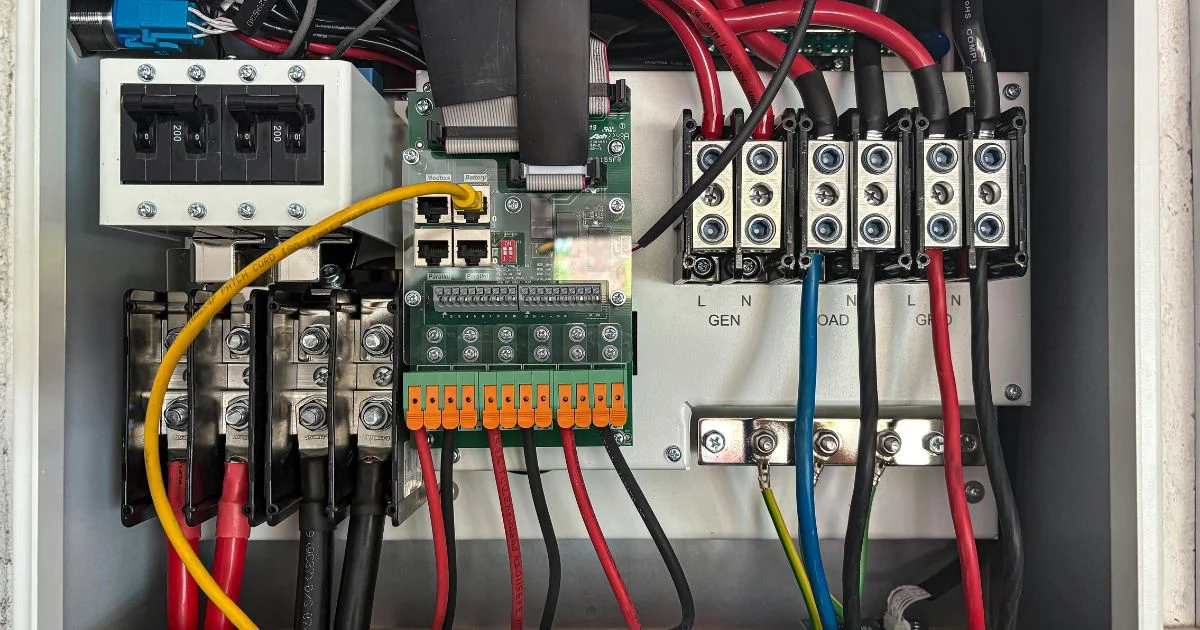 Wired interior of an electrical control panel.